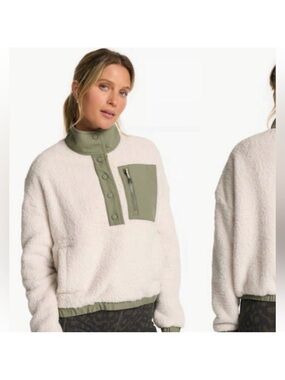 Vuori Cream Sherpa Pullover with Olive Trim